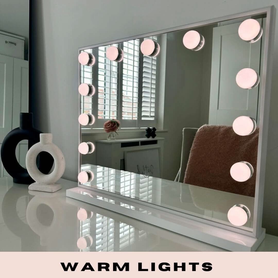 Stylish Hollywood Mirror with warm lights and sleek design, perfect for makeup and grooming