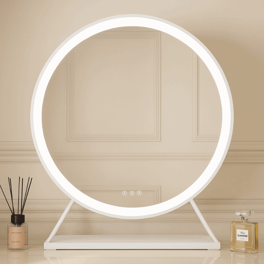 Hollywood Mirror with Circular Design and Adjustable LED Lighting for Beauty and Makeup Applications