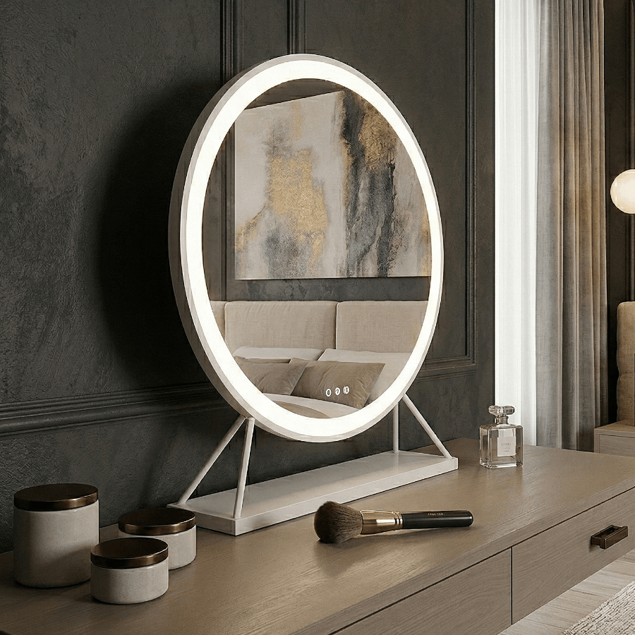 Stylish Hollywood Mirror with LED lights on a sleek vanity table for modern interiors