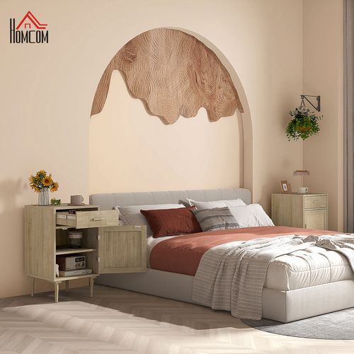 HOMCOM Bedside Table with Rattan Drawer, Cabinet and Adjustable Shelf, Natural HOMCOM