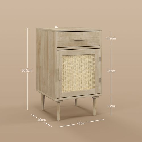 HOMCOM Bedside Table with Rattan Drawer, Cabinet and Adjustable Shelf, Natural HOMCOM