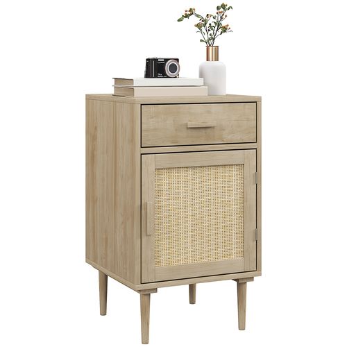 HOMCOM Bedside Table with Rattan Drawer, Cabinet and Adjustable Shelf, Natural HOMCOM