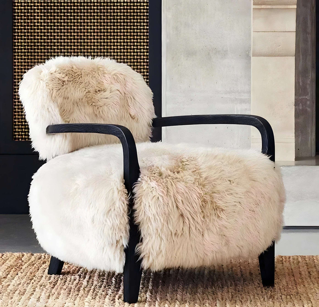 Nisu Home Armchair featuring a plush faux fur design and sleek wooden arms for stylish comfort