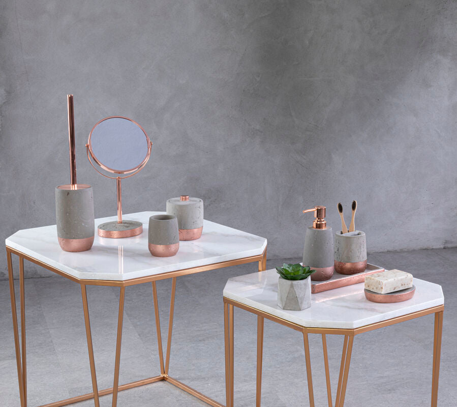 Orsina modern bathroom accessories set featuring a sleek Soap Dish with rose gold accents