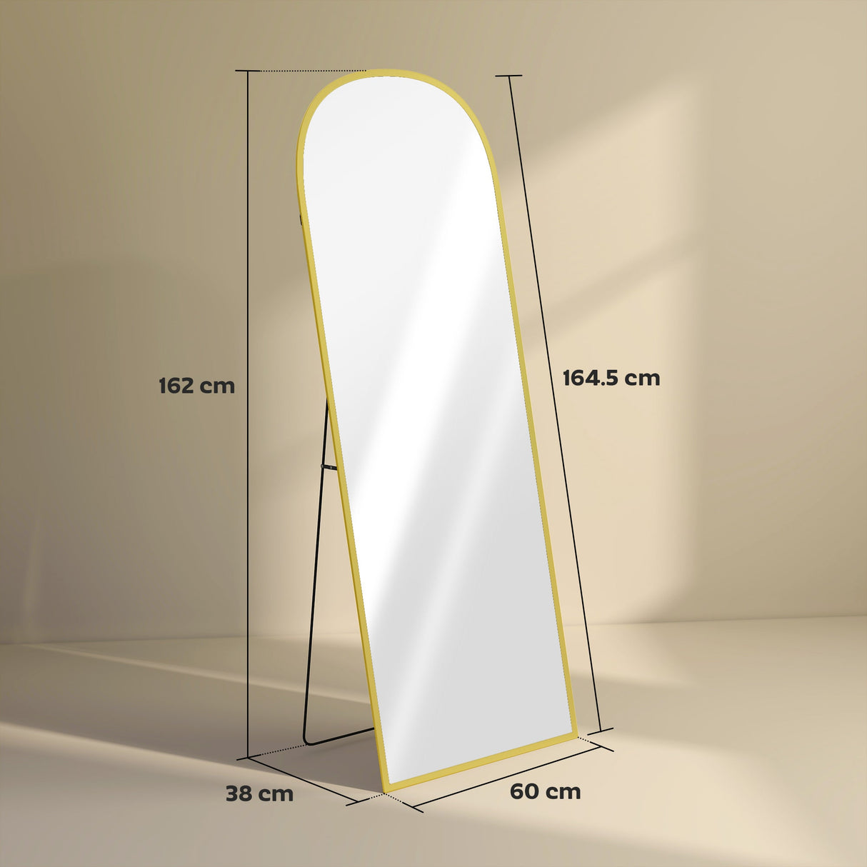 Elegant Standing Mirror by Wise Galleria with a modern design and gold trim, measuring 164.5 cm tall
