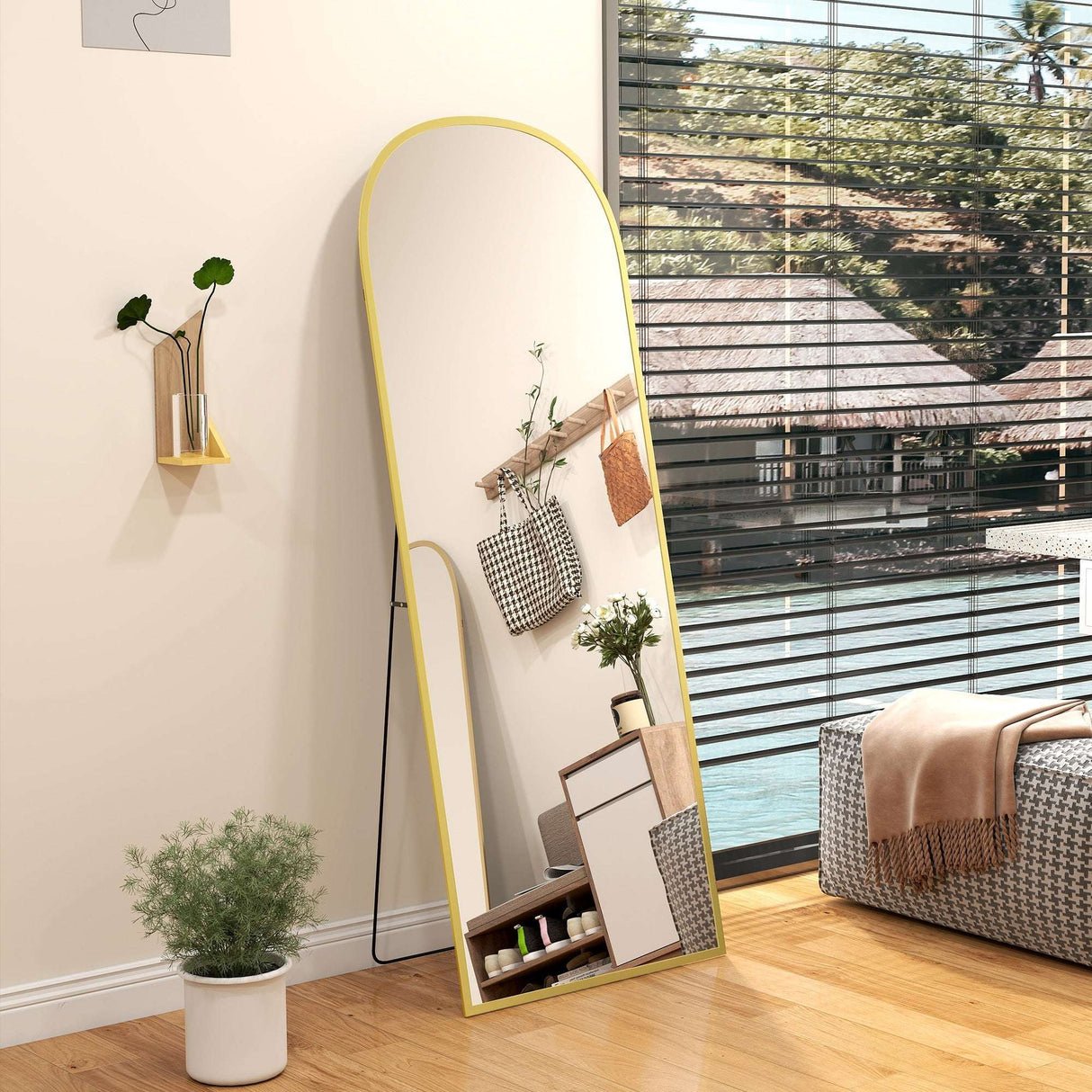 Elegant Standing Mirror with a Yellow Frame, perfect for modern home decor