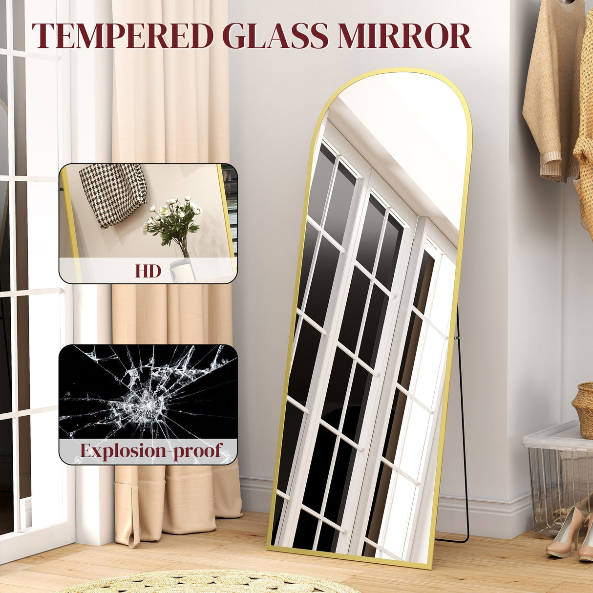 Elegant Standing Mirror with Tempered Glass, HD Reflection and Explosion-Proof Design for Home Decor