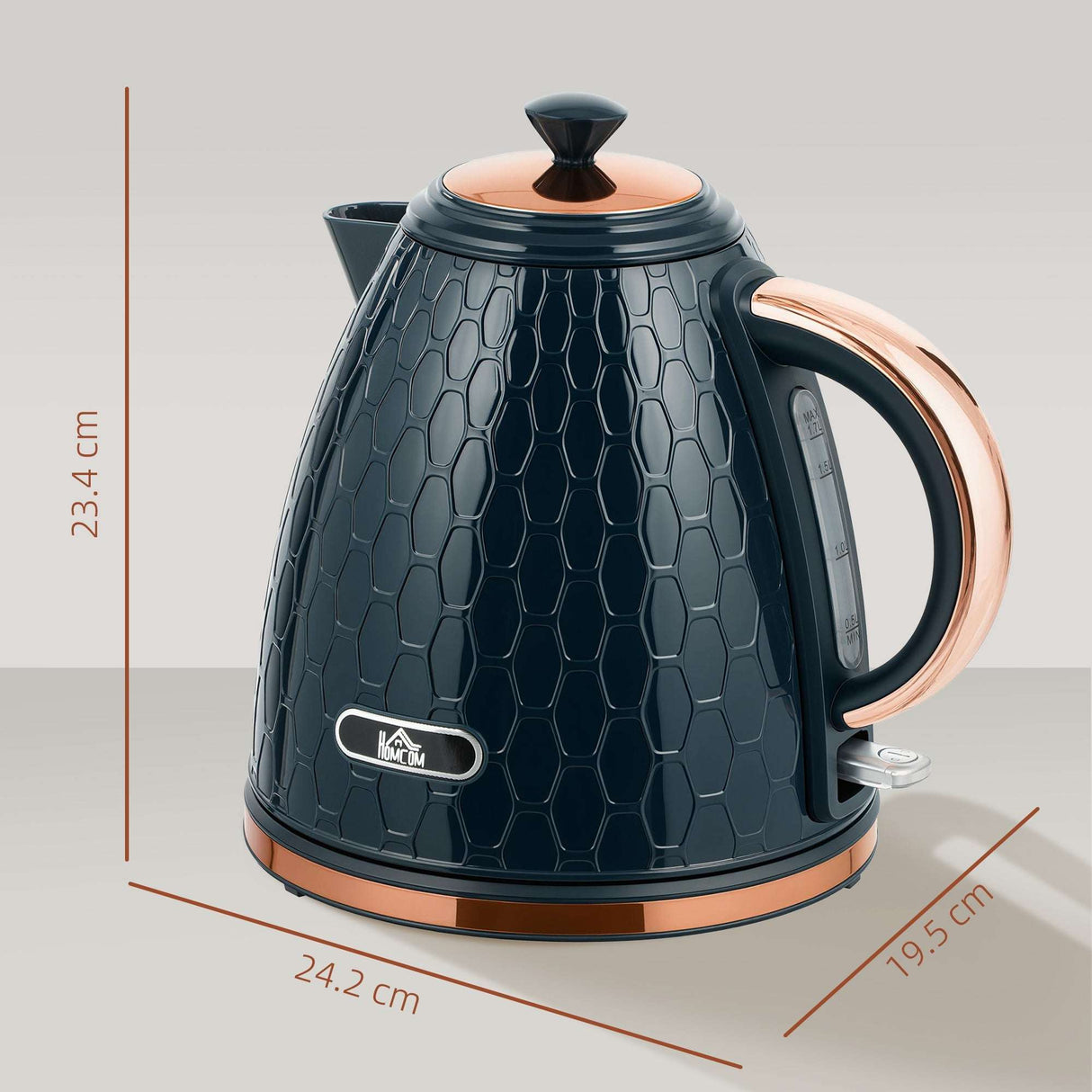Wise Galleria Honeycomb Kettle in navy blue with copper accents and size dimensions displayed