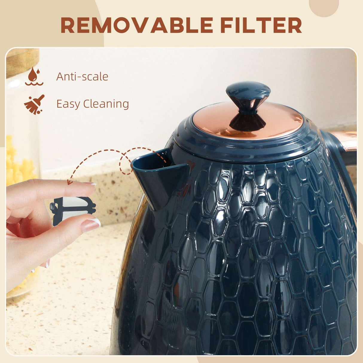 Honeycomb Kettle with removable anti-scale filter for easy cleaning and stylish design