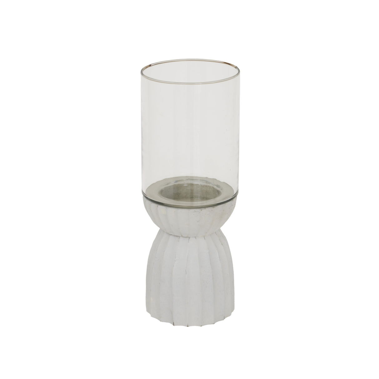 Elegant Hurricane Lantern with a clear glass body and textured white base for stylish decor