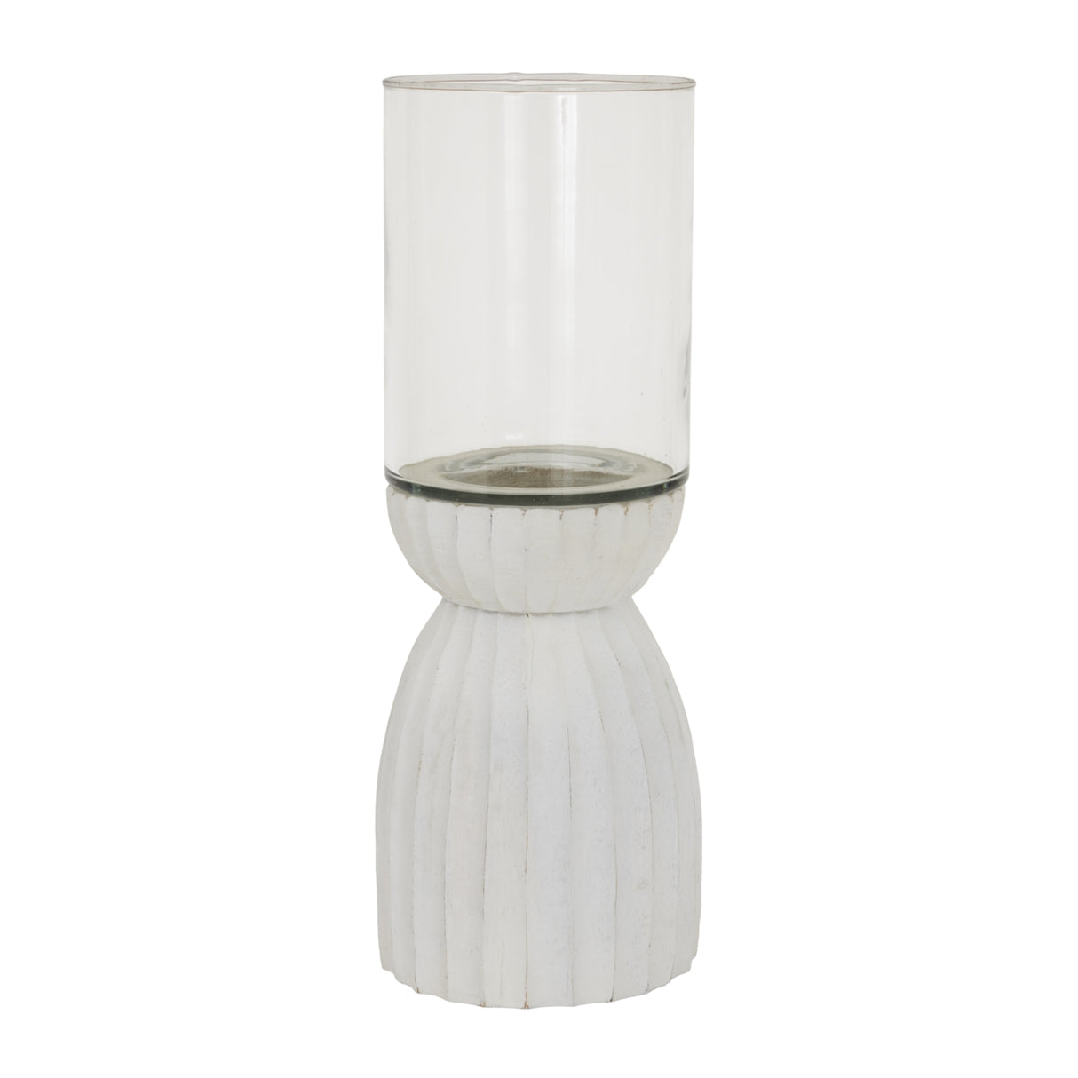Elegant Hurricane Lantern with a white textured base and clear glass cylindrical cover for candles