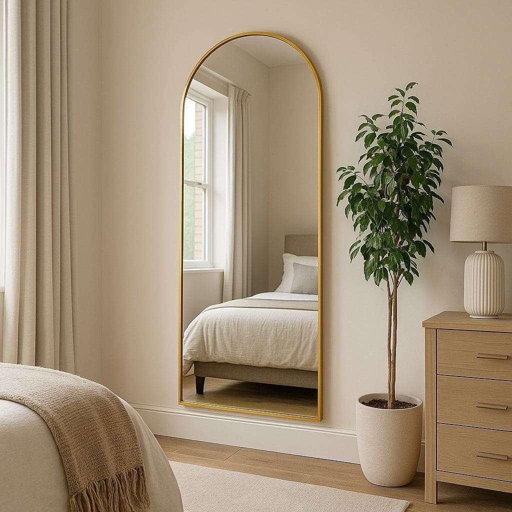 Jobu Home Arched Mirror with a stylish gold frame in a well-lit bedroom setting