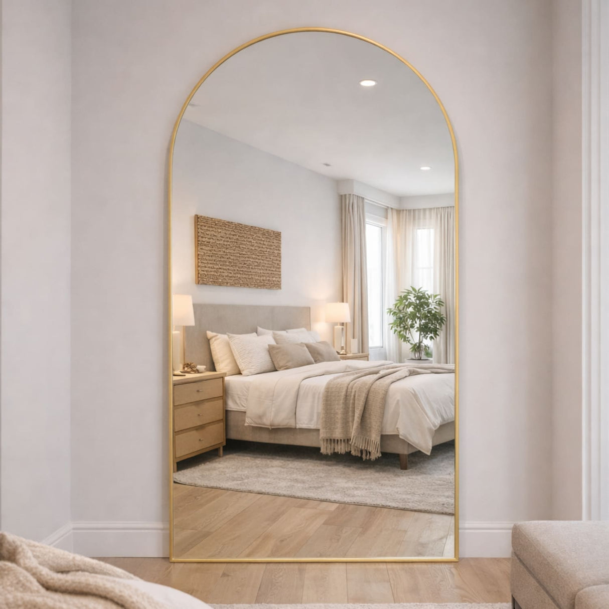 Jobu Home Arched Mirror with Gold Frame, ideal for enhancing bedroom decor and light reflection