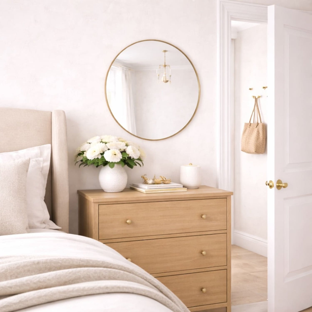 Jobu Home Circle Mirror with Elegant Gold Frame Above a Wooden Chest of Drawers in a Stylish Bedroom