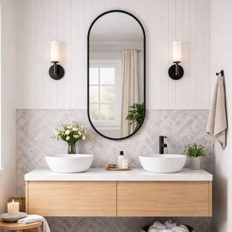 Elegant oval mirror above double sinks in a modern bathroom with stylish decor