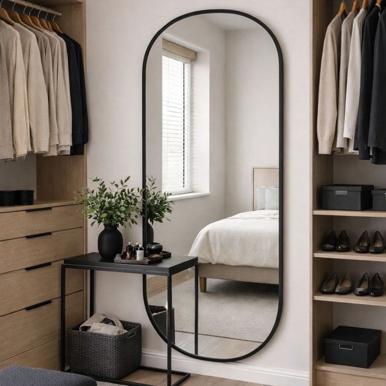 Stylish Oval Mirror by Jobu Home in a modern bedroom setting with natural light