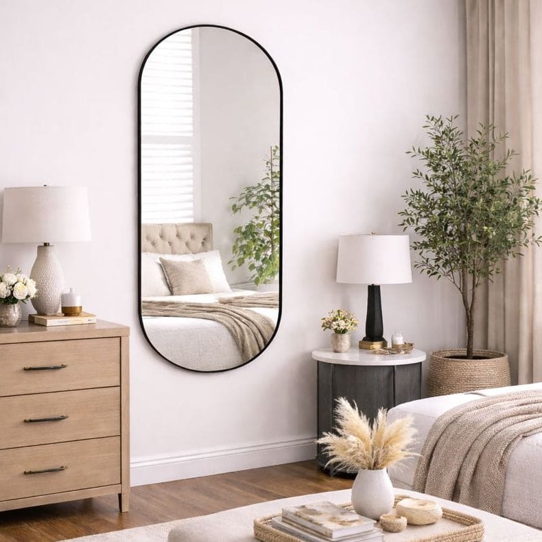Jobu Home Oval Mirror in a stylish black frame reflecting a modern bedroom decor