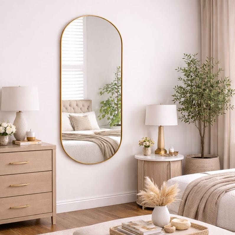 Stylish Jobu Home Oval Mirror with a gold frame, perfect for enhancing modern interiors