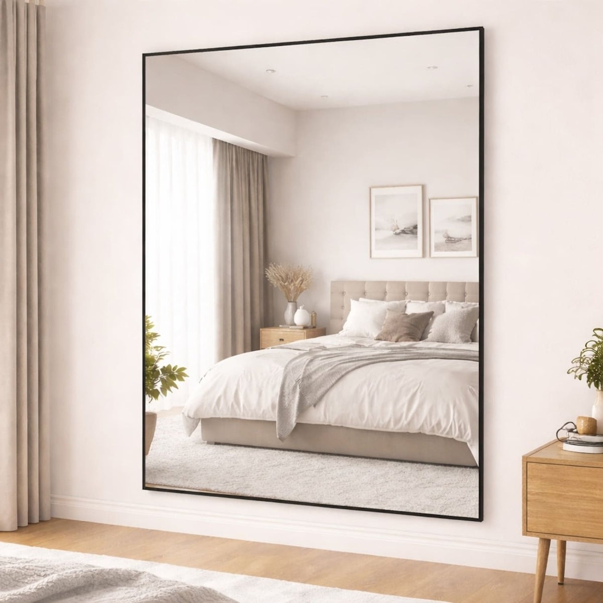 Modern Rectangle Mirror with a Black Frame, reflecting a stylish bedroom interior