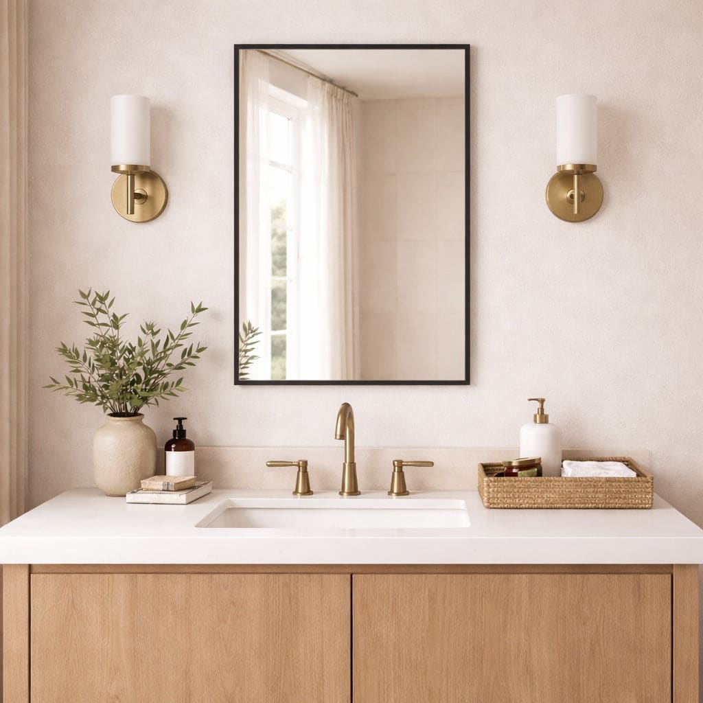 Modern Rectangle Mirror by Jobu Home with a sleek black frame in a stylish bathroom setting