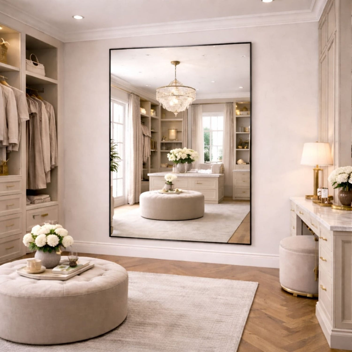 Stylish Rectangle Mirror in Elegant Dressing Room with Chic Decor and Light-Coloured Furnishings