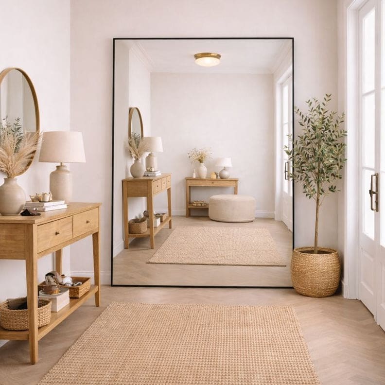 Stylish Rectangle Mirror in a modern living room with natural lighting and wooden furniture