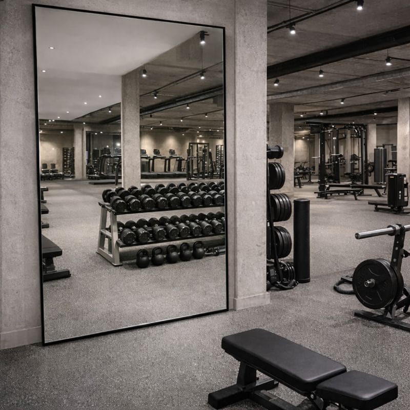 Large Rectangle Mirror in a modern gym setting with fitness equipment in the background