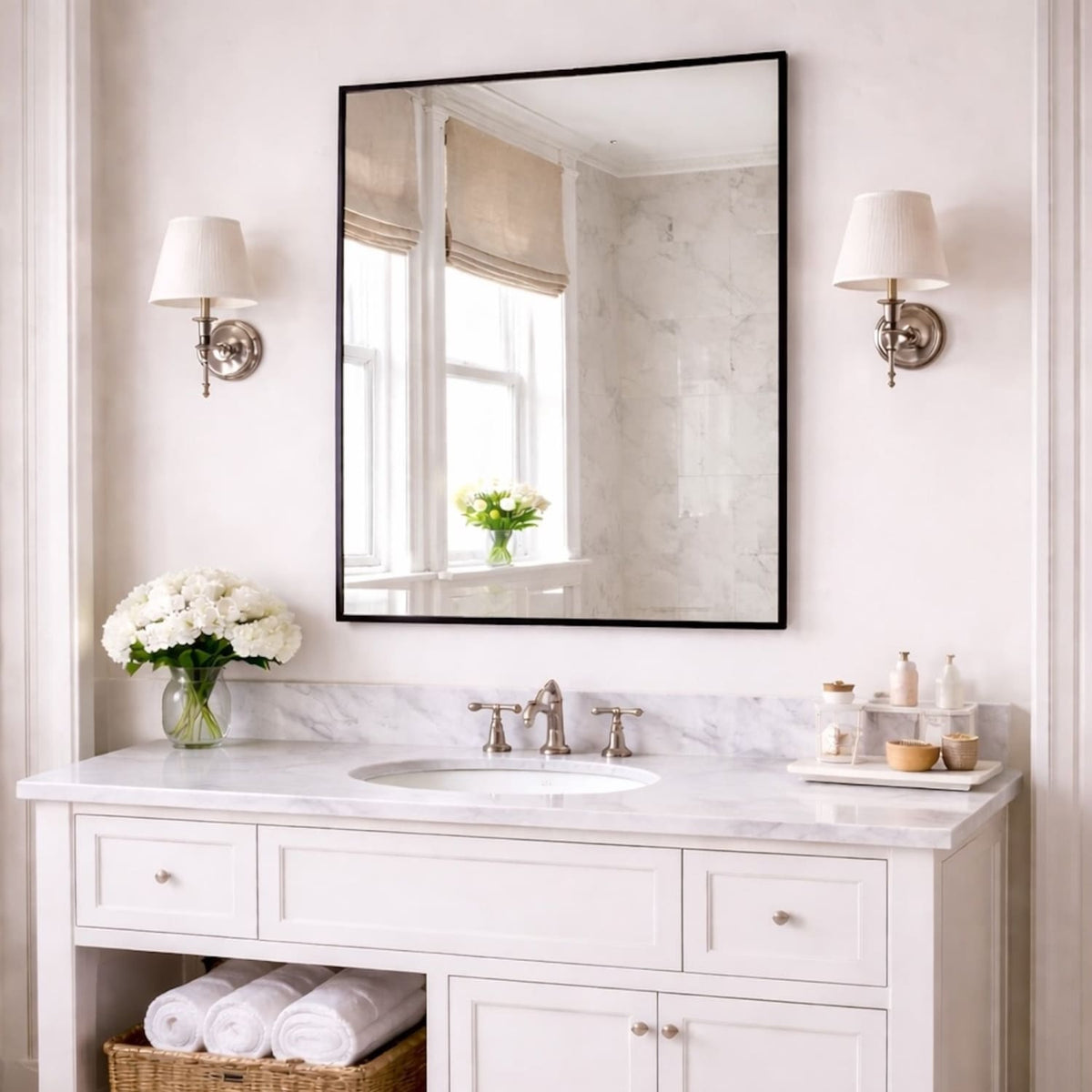 Jobu Home Rectangular Mirror in a stylish bathroom with marble countertop and floral decor