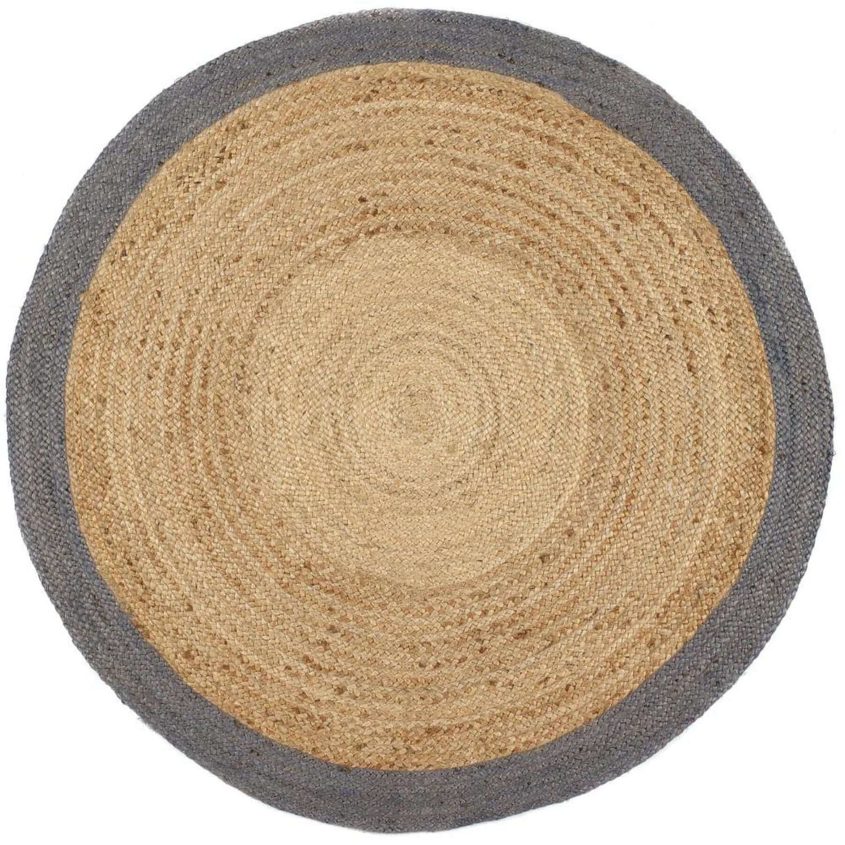 Round Jute Rug with a natural texture and grey border, perfect for modern interiors