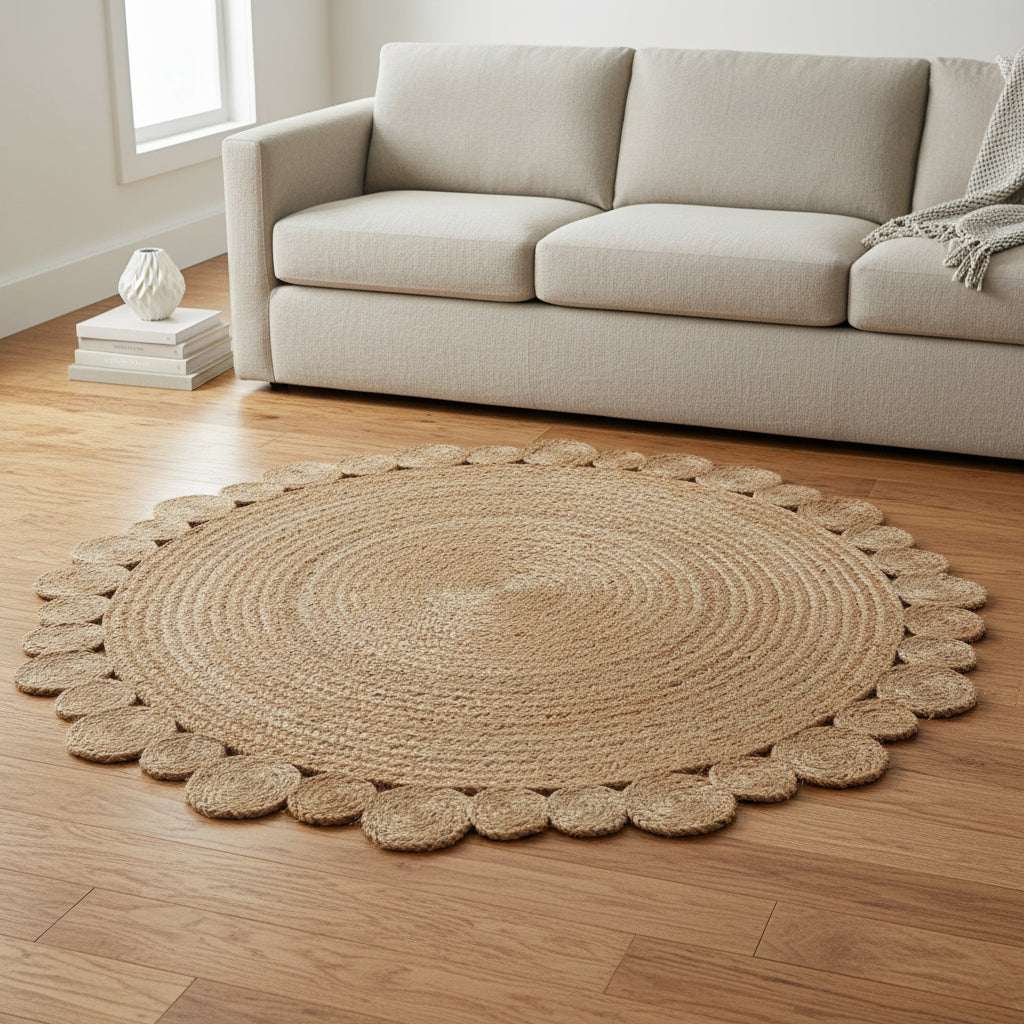 Orsina Jute Rug in round shape with a decorative scalloped design for stylish home decor
