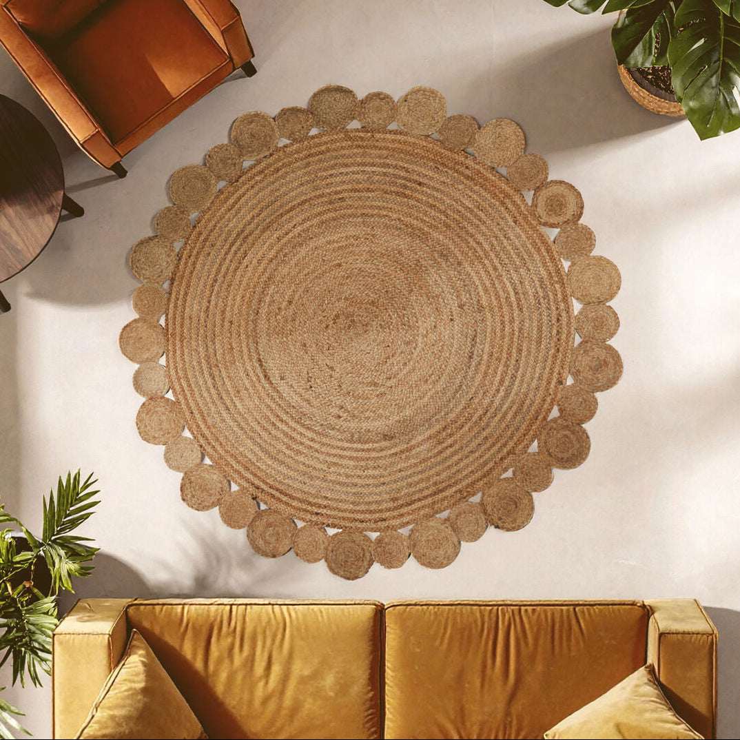 Orsina Jute Rug in a round shape with a decorative scalloped edge, perfect for home decor