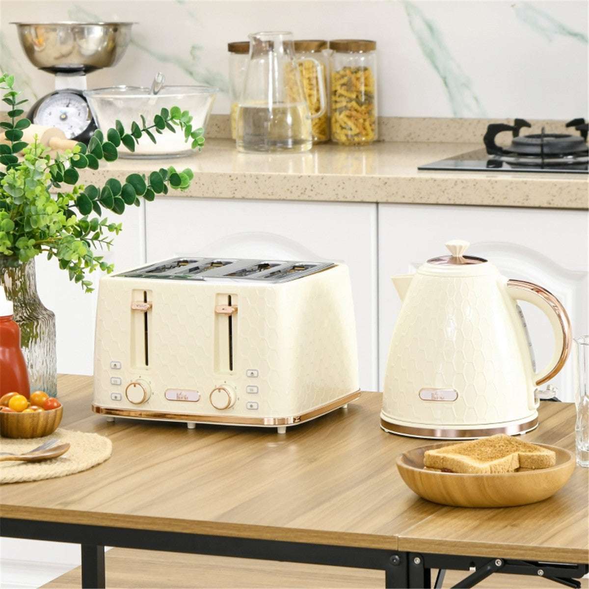 Stylish Cream Kettle and Toaster Set with Rose Gold Accents N/A