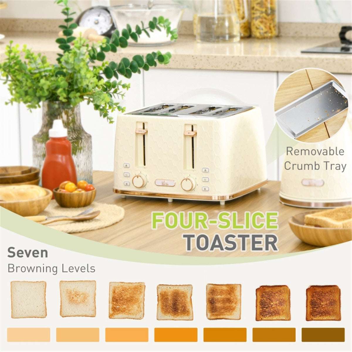 Stylish Cream Kettle and Toaster Set with Rose Gold Accents N/A