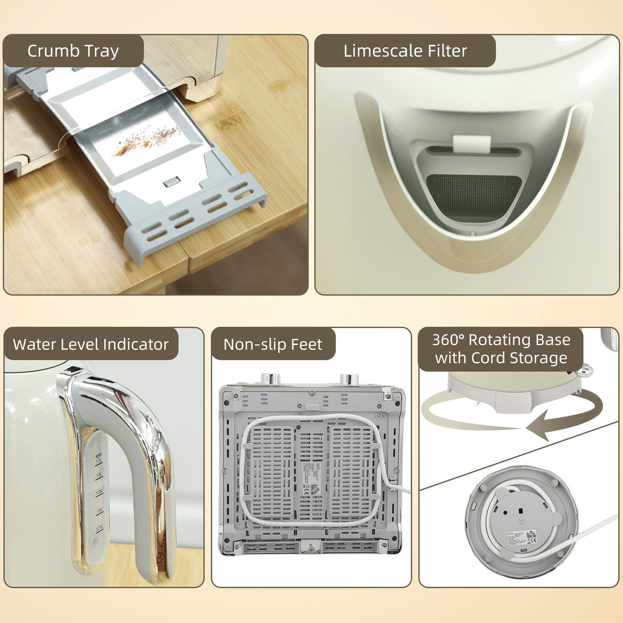 Kettle and Toaster Set features including crumb tray and limescale filter for easy maintenance and functionality
