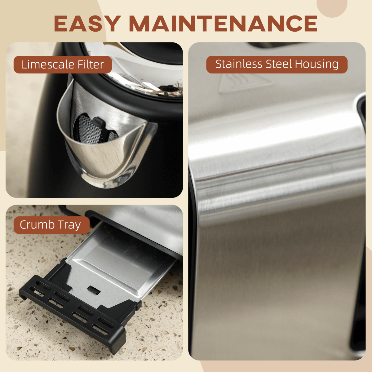 HOMCOM 1.7L 3000W Quick Boil Kettle and Toaster Set Crumb Tray Black HOMCOM