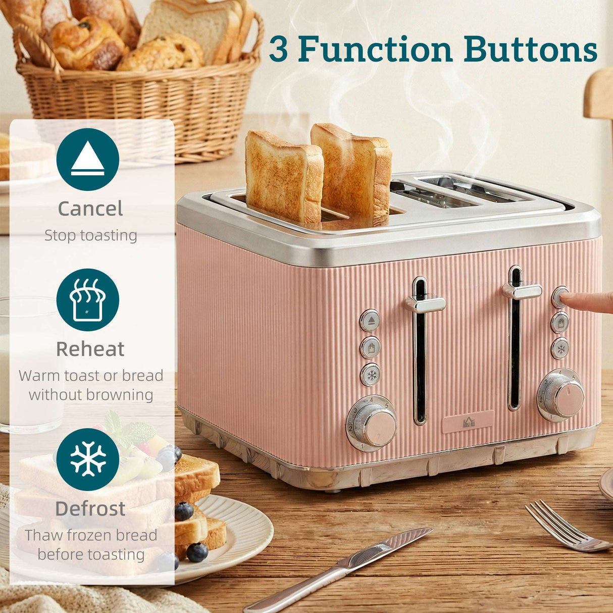 Wise Galleria Kettle and Toaster Set in pink with three function buttons for versatile toasting
