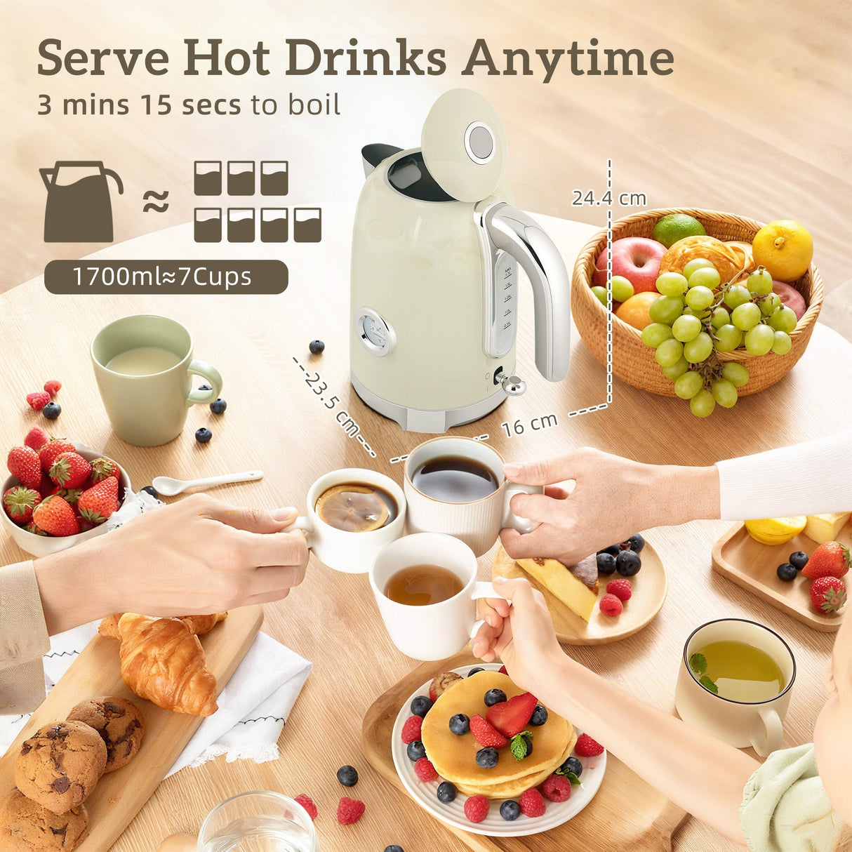 Wise Galleria Kettle and Toaster Set in Cream with Fruit and Drinks on Table for Easy Breakfast