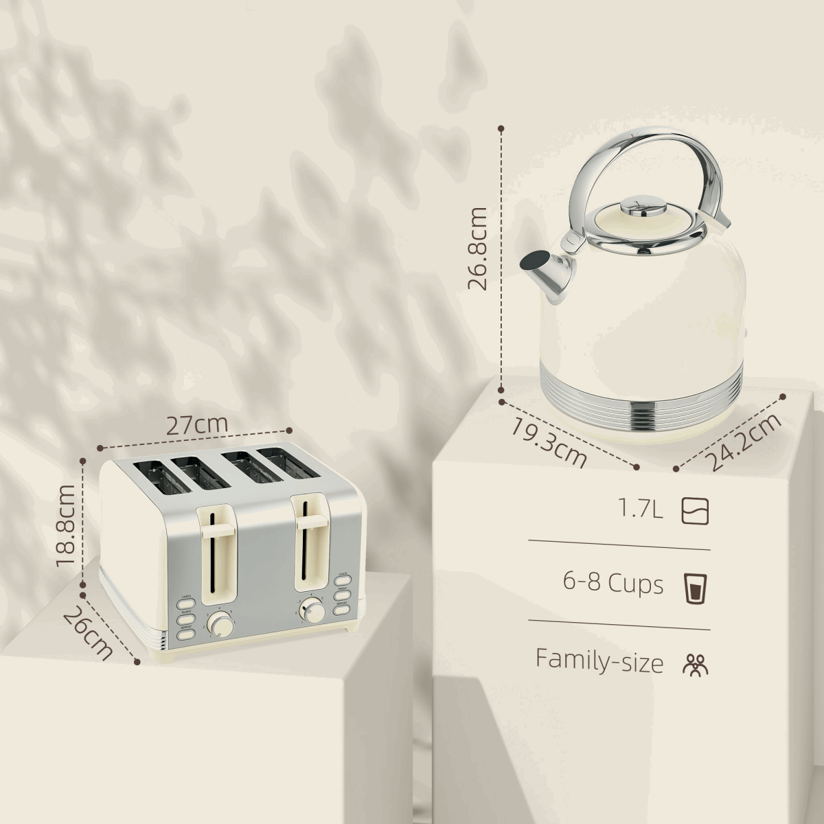 HOMCOM 1.7L 3000W Fast Boil Electric Kettle and Toaster Set, Cream HOMCOM
