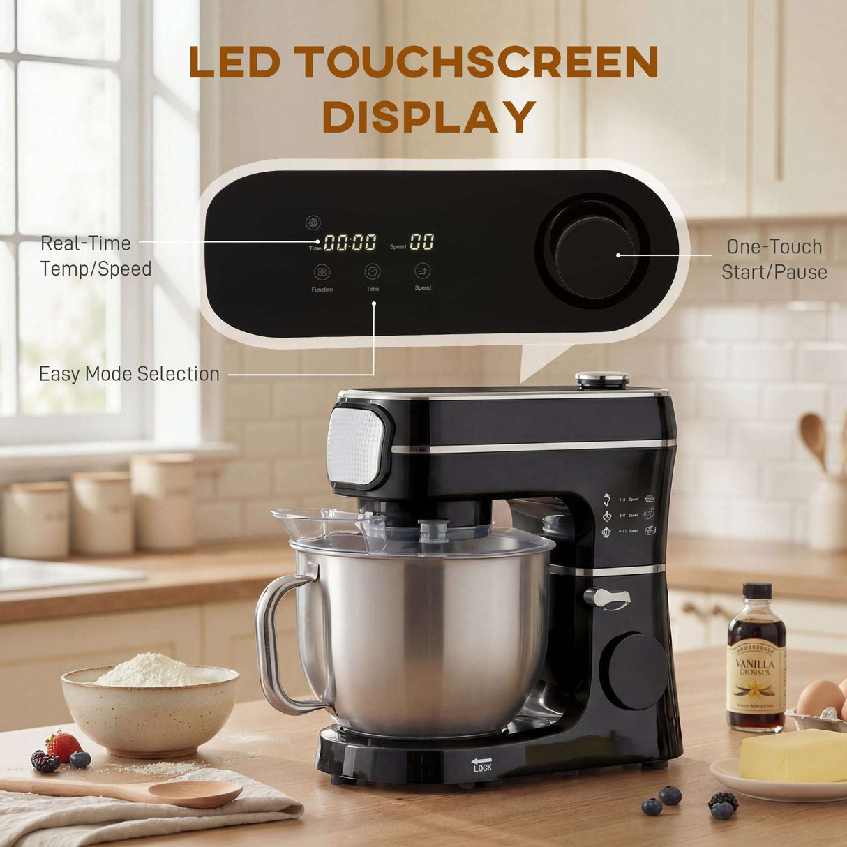 Wise Galleria Stand Mixer with LED touchscreen display and easy mode selection for effortless baking