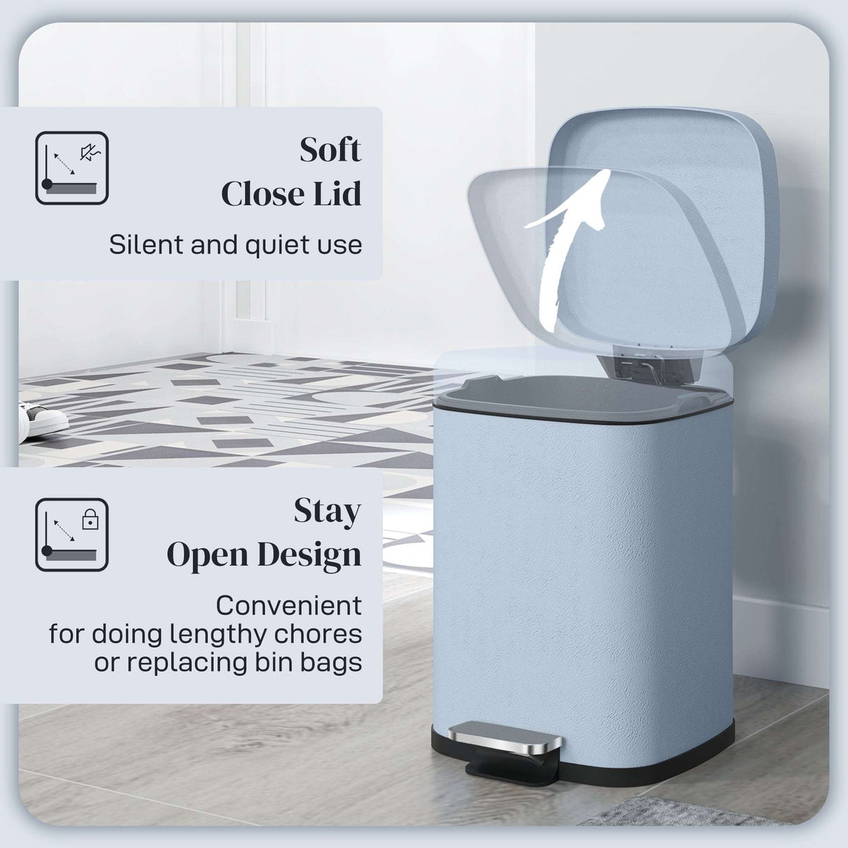 Blue kitchen bin with a soft close lid and stay open design for easy bag replacement