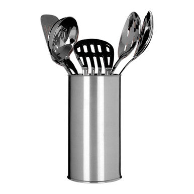 Stylish stainless steel kitchen utensil holder with various kitchen utensils for a modern kitchen