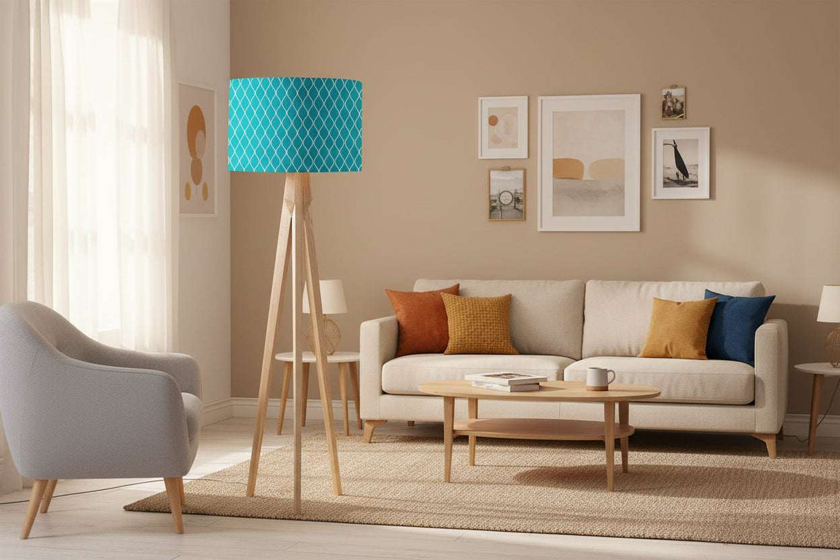 Shadow Bright lampshade in turquoise, enhancing a stylish living room with modern decor
