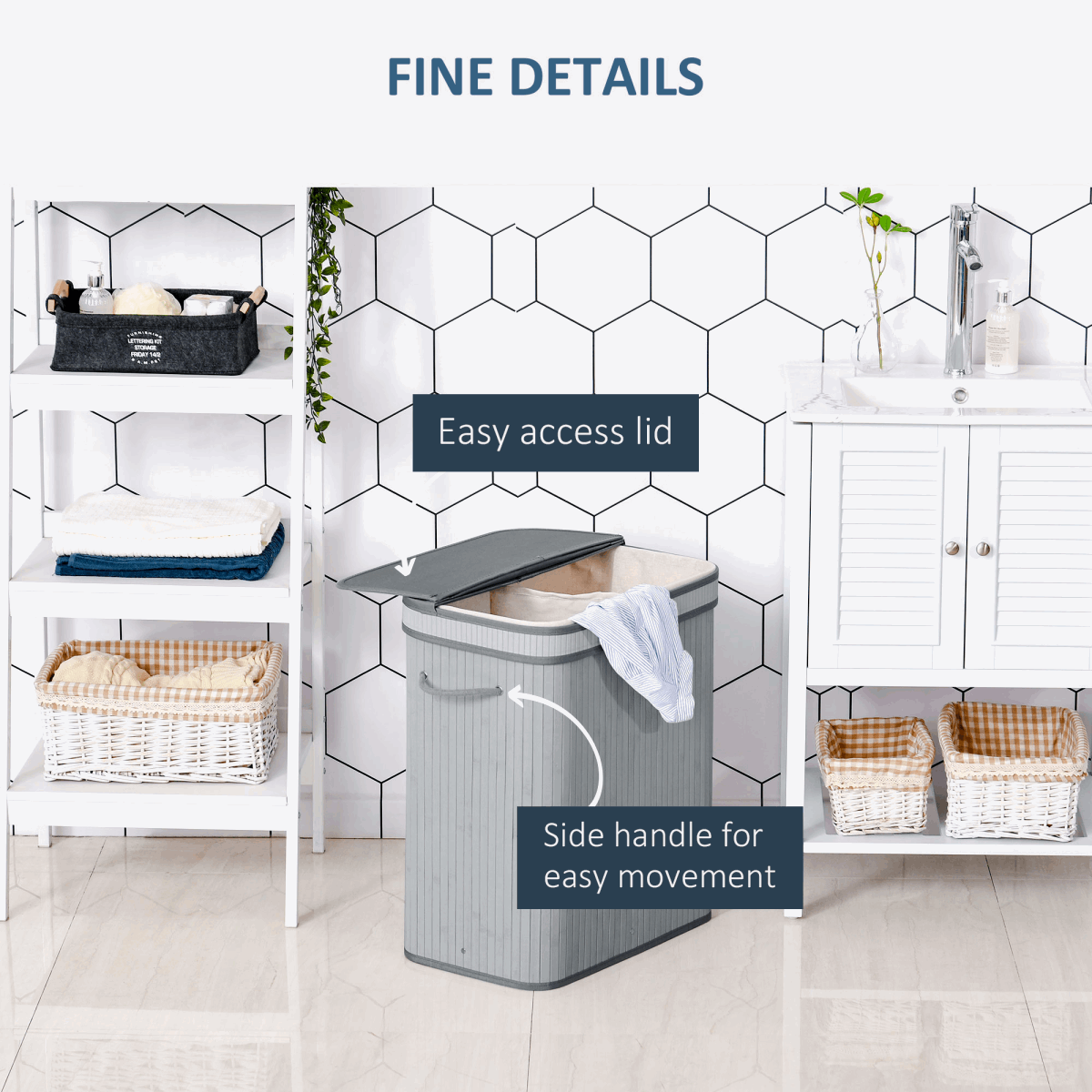 100L Flip Lid Bamboo Laundry Basket Grey HOMCOM
