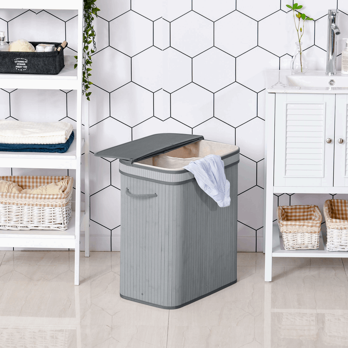 100L Flip Lid Bamboo Laundry Basket Grey HOMCOM