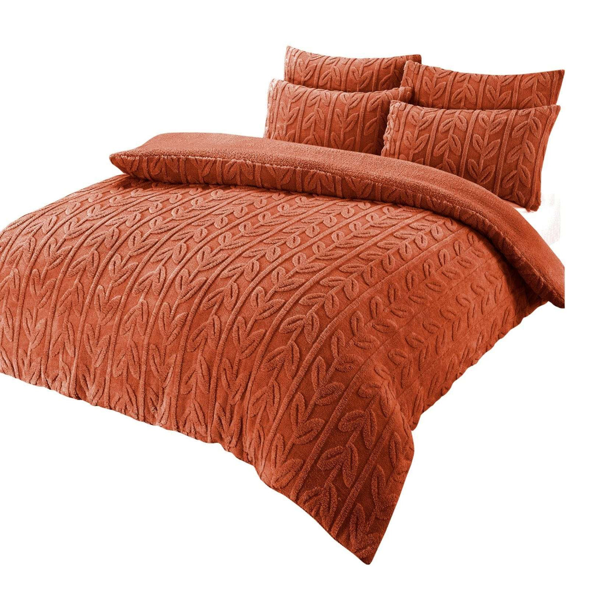 OLIVIA ROCCO Fleece Duvet Set in warm terracotta with textured leaf pattern and matching pillows