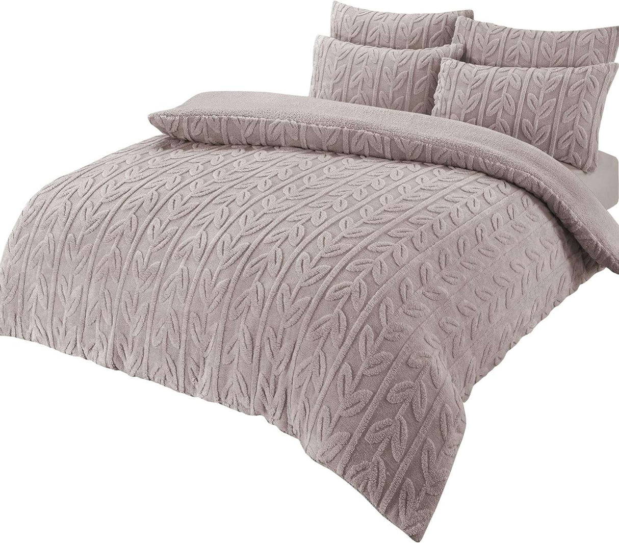 OLIVIA ROCCO Fleece Duvet Set in Taupe with Textured Leaf Design and Matching Pillow Covers