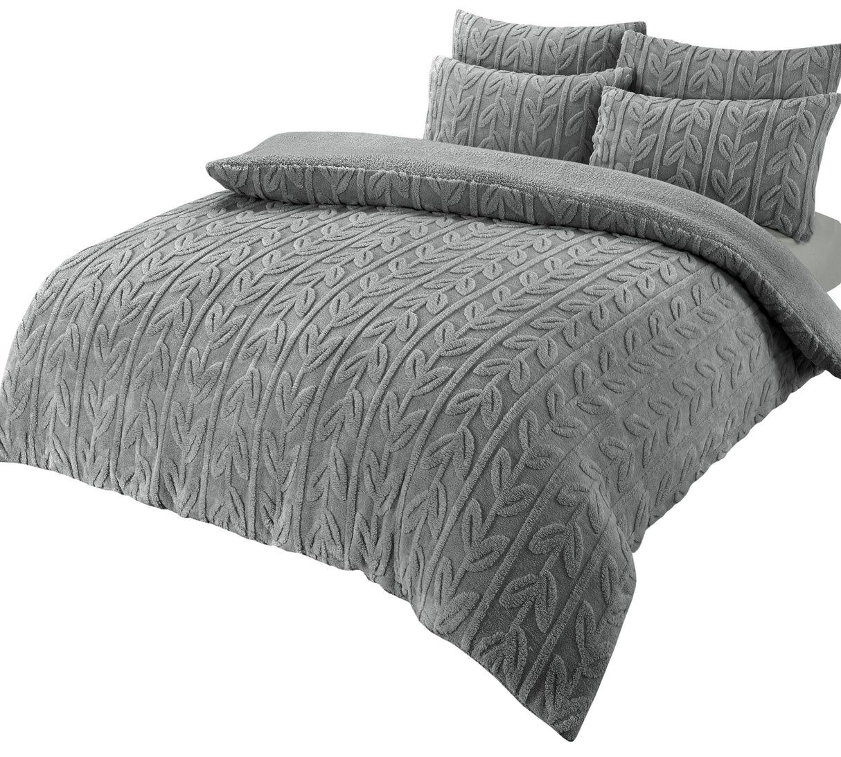 OLIVIA ROCCO Grey Fleece Duvet Set with Leaf Design and Matching Cushions for Cozy Bedrooms