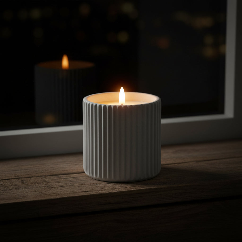 Shades 4 Seasons LED Candle in a textured white holder providing a warm glow for home decor
