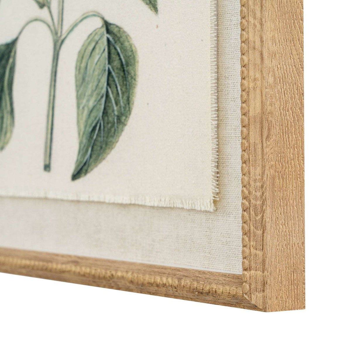 Linen Artwork framed in natural wood, showcasing detailed botanical illustration on textured fabric