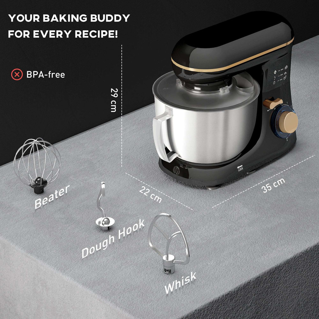 Wise Galleria Stand Mixer with Dough Hook, Beater, and Whisk for versatile baking needs